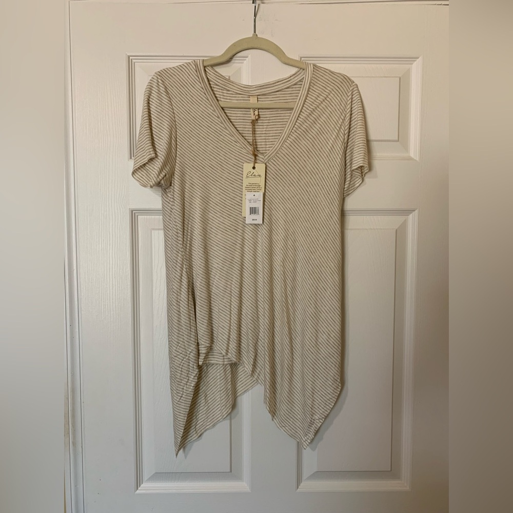 Elan Tan Striped V-Neck Asymmetrical Short Sleeve Top Size Large‎ Casual Summer